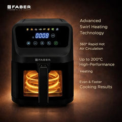 Faber 4L 1350W Digital Air Fryer | Fry, Bake, Roast | 85% Less Oil, 200°C Swirl Heating Technology |10-Preset Menu|Touch Control Interface| Auto Shut-Off |2 Yrs Comprehensive Warranty|Black