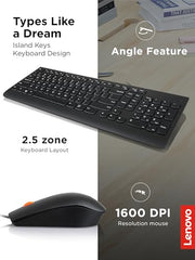 Lenovo 305 USB-C Wired Keyboard & Mouse Combo, Black, Spill-Resistant, Narrow Border, Adjustable Tilt, Full-Size Keyboard & Mouse, Compatible with Laptop, PC, Tablet, USB-C Connectivity Gaming Office