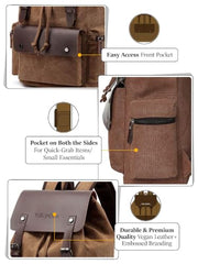 FUR JADEN Eco Friendly Travel 4 Compartment Laptop Backpack Made of Water Resistant Sustainable Canvas and Vegan Leather for Unisex for Travel Hiking Work (Coffee)