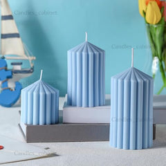 CANDLE CABINETS Ribbed Pillar Candle Set of 3 – 3.2x2 Inch Soy Wax Scented Candles – Minimalist Ribbed Texture for Aesthetic Home Decor & Romantic Gifting (Light Blue)