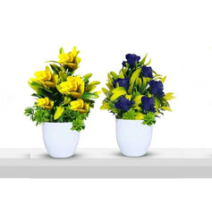 Asharya® Artificial Flower Plants for Home Décor – Set of 4 Mini Potted Plants (7 Inch) in White Pots | Pink, Yellow, Red & Blue Faux Flowers for Living Room, Office, Indoor Outdoor Decoration
