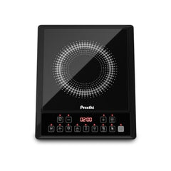 Preethi Indicook IC124 2100W Induction Cooktop, 8 Preset Indian Menus | Crystal glass surface with soft-touch controls, custom temperature and timer settings, plus high-voltage surge protection