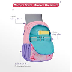 Genie Elsie School Backpack For Girls |19 In-36 Ltr with Laptop Sleeve, Rain Cover and Three Compartments with Padded Shoulders |Best for Books,Stationery,Lunch Box & Essentials - Lavendar,Multicolor