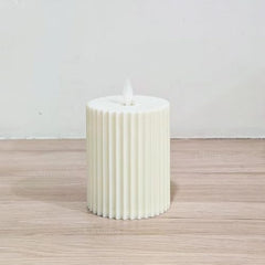 Chronos Pleated Ivory LED Moving Wick Pillar Candle | 4 Inch | White