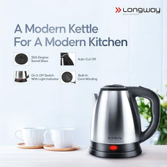 Longway Kestro 2 Ltr Electric Kettle with Water Bottle Combo | Automatic Shut-Off | Durable Stainless Steel Body For Boiling | 2 Years Warranty (2, litres)