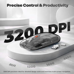 Amkette Epic TP Advanced Transparent Wireless Mouse/Bluetooth Mouse Rechargeable, USB-A+USB-C Nano Receiver, 3200DPI, Type-C Charging, 3 Device Connectivity for Laptop, PC, MacBook, Tablet & More