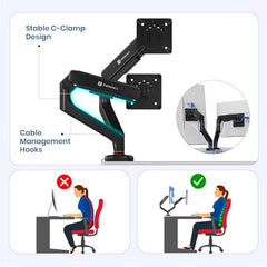 Portronics Aerolift Solo Gas Spring Monitor Arm, Desk Mount for 13–32 Inch Screens, VESA 75x75 & 100x100 mm, Full Motion Tilt/Swivel/Rotation, C-Clamp & Grommet Installation, Aluminium Build