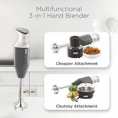 BOSS Genius Portable Hand Blender | 5 Years Warranty* | Powerful 275 Watts Motor | Chopper & Chutney Attachments | Variable Speed Control | Isi-Marked, Grey