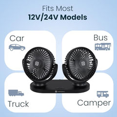 Portronics Twin Cool Dual Head Portable USB Powered Fan With 360° Rotatable Head, 3 Speed Control, Ultra Silent Operation, Brushless Motor, Suitable For 12/24V Car,SUV,Bus,Desk,Home Fan(Black)