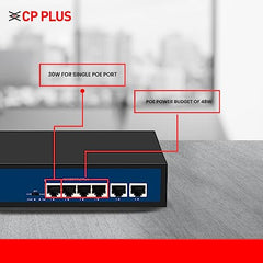 CP Plus 6 Ports Fast Ethernet with 4 PoE Ports (1000 Mbps) & 2 Uplink Ports (100 Mbps) POE Switch | Max. 30W Output of Single PoE Port | LED Light Indicators | Plug & Play - CP-DNW-HPU4H2-48-V2.
