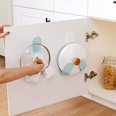 MOMISY Plastic Self Adhesive Pot Lid Holder No-Punch Wall-Mounted Rotatable Rack Hanging Pan Cover Organizer Kitchen Tools (Blue Hook)