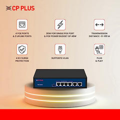 CP Plus 6 Ports Fast Ethernet with 4 PoE Ports (1000 Mbps) & 2 Uplink Ports (100 Mbps) POE Switch | Max. 30W Output of Single PoE Port | LED Light Indicators | Plug & Play - CP-DNW-HPU4H2-48-V2.