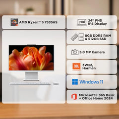 Lenovo Ideacentre AIO AMD Ryzen 5 7535HS 23.8" FHD IPS All-in-One Desktop(8GB RAM/512GB SSD/Win11/Microsoft 365 Basic + Office Home 2024/3Wx2 Speakers/5MP Camera/Wireless Keyboard & Mouse),F0HR009BIN