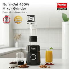 Prestige Nutri-Jet Mixer Grinder with 2 Jars| 450 Watts| Sipper Lid & Additional Cover Lid| ISI Certified| One-Touch Operation, Black