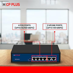CP Plus 6 Ports Fast Ethernet with 4 PoE Ports (1000 Mbps) & 2 Uplink Ports (100 Mbps) POE Switch | Max. 30W Output of Single PoE Port | LED Light Indicators | Plug & Play - CP-DNW-HPU4H2-48-V2.