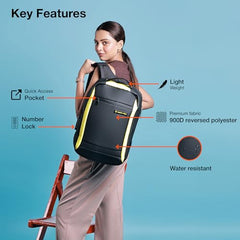 Nasher Miles Madison Passenger Workpack 22 Liters Water Resistant, Padded, Premium Reversed Polyester Black Yellow Laptop Backpack | USB charging| Unisex | Ideal For Office (Black & Yellow)