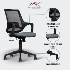 MRC Mono Ergonomic Office Chair (Mid-Back) – Revolving Breathable Mesh Desk Chair for Work from Home & Study–Lumbar Support & Heavy Duty Nylon Base (Grey & White)