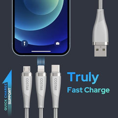 COSTAR 60W 3 in 1 Multi Fast Charging Cable - 3A Nylon Braided Charger Cable Compatible with iPhone, iPad, Samsung Galaxy, OnePlus, Mi, Oppo, Vivo, iQOO, Xiaomi, Car (Silver)