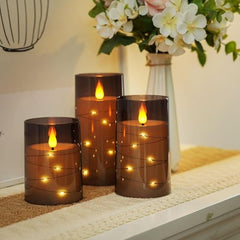 Flameless LED Pillar Candle Set of 2 | Acrylic Fiber Glass | Dancing Faux Wick | Remote Control with Battery Operated 3 AA | Home Décor & Gifting | 3" D x 6" H | Red