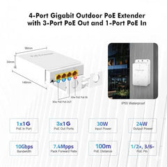 HIKONECT Outdoor PoE Repeater 1 in 4 Out, 10/100Mbps PoE Extender for IP Cameras, CCTV & Access Points, 250m Range | Waterproof Lightning-Proof Network Booster