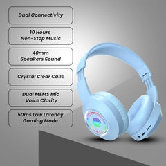 truke Newly Launched BTG 500 Over The Ear Gaming Headphone with 40mm Drivers, 10H of Playtime, Dual Pairing, Gaming Mode (50ms Latency) with RGB LEDs, TF Card with Volume Control, BT 5.4 (Sky Blue)