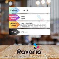 Ravaria 011 & 012 Compatible Refill Ink for Epson L8180 / L8160 Printer Compatible Ink Bottle for Epson 011/012 Ink Code (70 ml x C/M/Y/BK/PB/GY) Ink Bottle (011/012 Ink Set (6 Color))