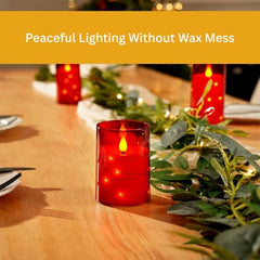 Flameless LED Pillar Candle Set of 2 | Acrylic Fiber Glass | Dancing Faux Wick | Remote Control with Battery Operated 3 AA | Home Décor & Gifting | 3" D x 6" H | Red