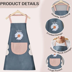 MOMISY Waterproof Kitchen Apron, Cooking Apron with Large Front Pocket, Daisy Print Design (Blue)