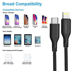 Czartech [1.2 Mt USB-C 20W Fast Charging cable Compatible with i-Phone,14,13, 12,11, X, 8, 7, 6, 5, i-Pad iPad Air and More [Nylon Braided,Black - Pack of 2]