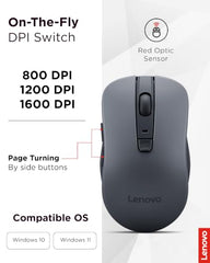 Lenovo WL310 Bluetooth Silent Mouse, Bluetooth 5.0, Upto 3million Button clicks, 1600 DPI, 6 Buttons (Left Click, Right Click, Scroll Click, DPI, 2 x Side Buttons), DPI LED Indicator, Grey