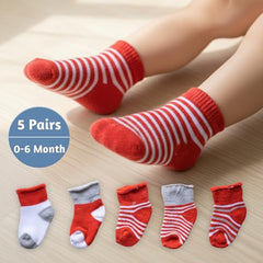 MOMISY Baby Socks 5 Pairs, Mixed Design Striped Tube Socks for Toddlers and Infants, Boys and Girls, Spring and Autumn (IN, Age, 0 Months, 6 Months, Red)