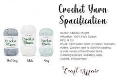 Craft Affair | Crochet Bloom Cotton Yarn 8ply (Each Color 2mm, 77Meter, 50Gram) 100% Pure Cotton | for Knitting Yarn | Craft & DIY Project: Grey, Pink, Off White