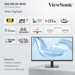 ViewSonic VA2708-2K-MHD 27-inch (68.58cm) 2K QHD SuperClear®IPS Monitor, HDR10, 100Hz, 1ms, 16.7m Colors, sRGB 111%, Dual Speakers, Dual HDMI 2.0, DP, Eye ProTech+, Slim Design