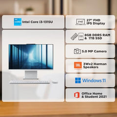 Lenovo IdeaCentre AIO Intel i3-1315U 27" FHD 3-Side Edgeless All-in-One Desktop (8GB/1TB SSD/Win11/Office 21/3Wx2 Woofer/Alexa/5.0MP + IR Camera/Wireless Keyboard & Mouse), F0HM0066IN
