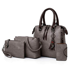 MOMISY Set of 4 Pieces Leather Finish PU Material Ladies Hand Bag, Clutch and Wallet for travel office Party for women (Light Grey)
