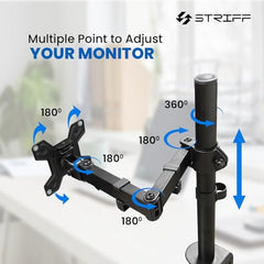 STRIFF Single Monitor Stand with Full Motion Arm | 360° Rotation & Height Adjustable Desk Table Mount | Universal VESA Bracket with C-Clamp | Fits 13–32 Inch Computer/LCD Screens | Holds 4.4–19.8 lbs