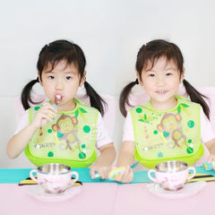MOMISY Baby Bib For Newborn Waterproof Silicone Apron Wipeable Stain Resistant With pocket For 6 months and up (Green-Monkey)