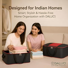DALUCI Underbed Storage Bags for Clothes Pack of 4 Large Moisture Proof Organizer with Zipper Non Woven Foldable Storage Bag for Blanket Saree Wardrobe 54 x 46 x 26 cm (Black & Red - Large, 4 Pack)