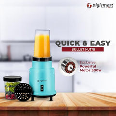 DIGISMART 500W Nutri Mixer Grinder 2 Jars 22000 RPM Motor Speed For Chutney, Juice and Shake, Fast Grinding Stainless Blade, Long Lasting Shock Proof ABS Body, 1 Years Warranty - Blue