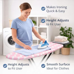 STEFFAN Heavy Duty Vertical Ironing Board, Foldable, 19 mm Metal Bracket, Adjustable Height, Pure Cotton Cover, Lattice Design | Clothes Iron Table| Home Laundry Accessory | 111x30 cm, Pink