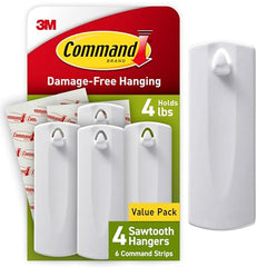 3M Command Sawtooth Picture Hangers, Photo frame Hooks, Holds 1.8 kg, No Paint Damage, Holds Strongly, Reusable, Adhesive hooks for wall, Multi-surface (White, 4 hooks, 6 strips)