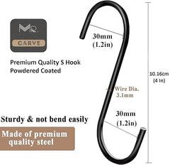 Mr. Carve Stainless Steel Heavy Duty S Hooks 4 Inches for Kitchen, Wardrobe, Hanging Planters - Powder Coated | Pack of 10 | Black