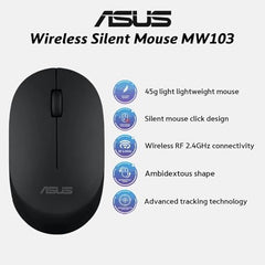ASUS Wireless Mouse MW103, Silent Click Design with Ambidextrous Shape, 1600DPI Resolution, RF 2.4GHz Connectivity, 3 Years Warranty, Black