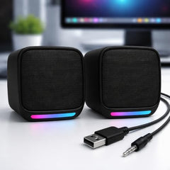 OTOOBEST Sound with Multicolor LED Lights | USB Powered PC Speakers with AUX & Volume Control for Laptop, Desktop, and Monitor | Mz11 | Black (Pack of 1)