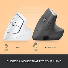 Logitech Lift Vertical Ergonomic Mouse, Wireless, Bluetooth or Logi Bolt USB Receiver, Quiet clicks, 4 Buttons, Compatible with Windows/macOS/iPadOS, Laptop, PC - Graphite