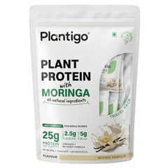 Plantigo Plant Protein Powder with Moringa Superfood | 25g Protein, 5g BCAA, 2.5g Leucine, Digestive Enzymes | 3rd Party Lab Tested | Lush Mango Flavor - Travel Pouch