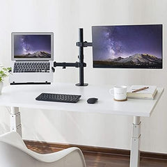 Jin Office Dual Monitor Stand Arm With Laptop Tray |Supports 13-32 inch Screen,3 year Warranty |9 kg Weight Cap. per Arm| Height Adjustable Monitor and Laptop Mount Arm| Tilt, Rotation, Swivel Feature