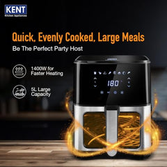 KENT Digital Air Fryer 5L | 1400W | Bake, Grill & Roast | Up to 80% Less Oil Usage | 8 Preset Menu | Rapid Heat Circulation | Digital Display & Touch Control Panel | Glass Window with in built Light