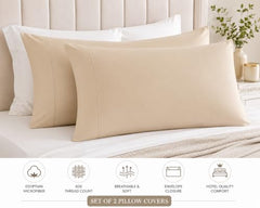Soft Pillow Covers 19 x 29 Inches - Egyptian Cotton 600 Thread Count Set of 2 Pillow Cover Set Envelope Closure Hotel Quality Pillowcase - Beige