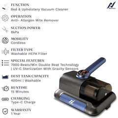 NexLev Mattress, Sofa & Carpet Vacuum Cleaner|For Dust Mites, Allergens & Pet Hair|4 Step Cleansing with Double Beat, UV Light, Dehumidification & Vacuum|HEPA captures 99.99% Dust|MR-01| 600 W| Beige